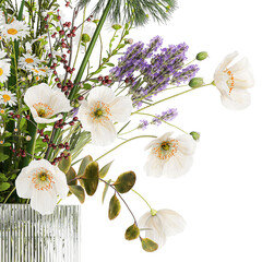 Bouquet of wildflowers poppy chamomile lavender thistle isolated on white background