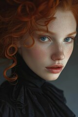 portrait noble woman, dramatic character, perfect features, red curly hair, blue pierced eye, mysterious, medieval noble chifforn