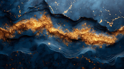 Abstract blue and gold background. Liquid marble design