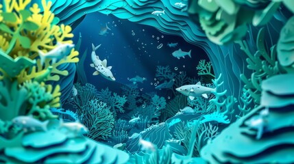 Fototapeta na wymiar Charismatic concept of aqua animal habitats that mimic alien worlds, designed in paper cut styles, with a closeup cinematic sharpen