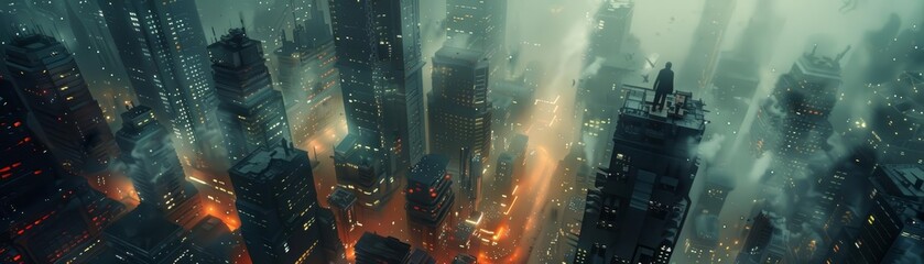 A dark and foggy cityscape. A lone figure stands on a rooftop, looking out over the city.