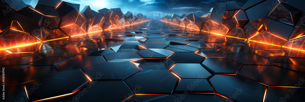 Poster futuristic geometric landscape with glowing hexagonal patterns in a wide format
