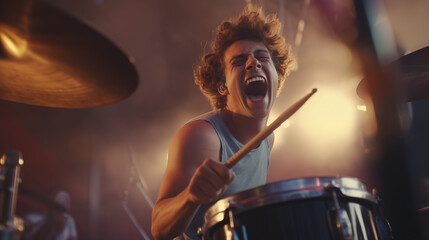 Fototapeta na wymiar A close-up shot of a drummer's intense expression as they pound on their kit at a music festival