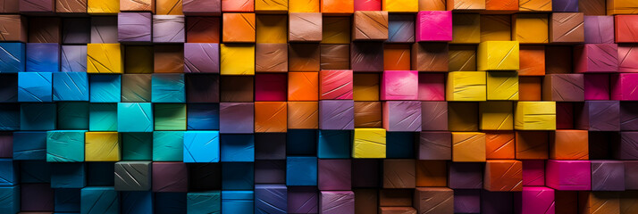 Vibrant Array of Multicolored Wooden Blocks in a Textured Wide Format