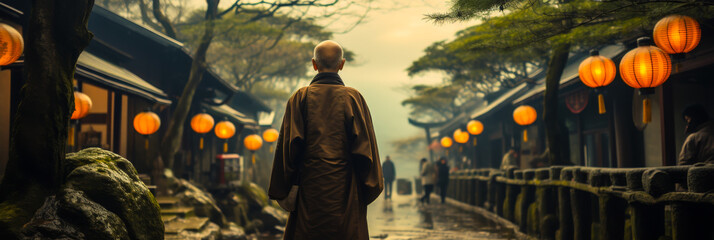 Elderly Man Walking in Traditional Japanese Village Street Illuminated by Lanterns at Dusk