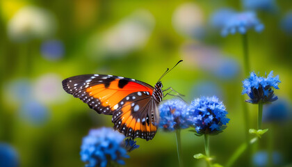 A butterfly resting on a blue flower with a soft, blurred background