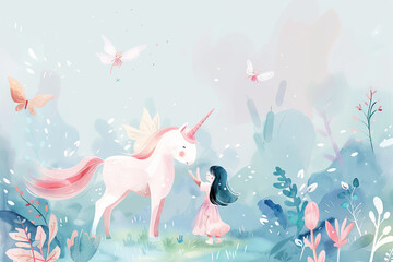 Obraz premium whimsical watercolor illustration, girl with Unicorn with pink mane, surrounded by blooming flowers and flying fairies