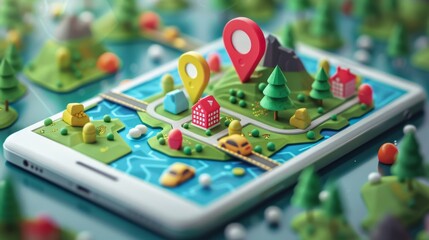 Fototapeta premium Concept of searching for a location on a map, real estate residences on a smartphone GPS navigation map application
