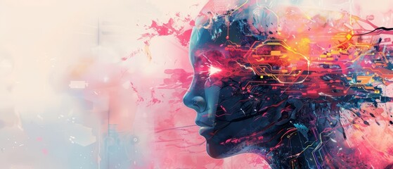Creative fantastic of computer, with AI that predicts the future, painted in watercolor styles, sharpen Cinematic Look