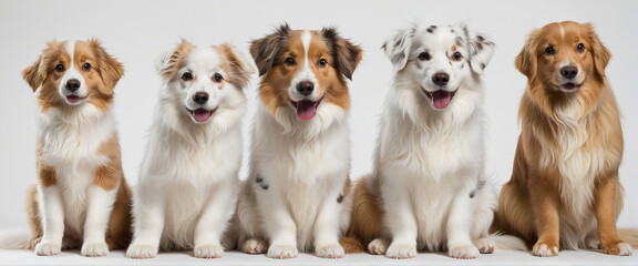  Two adorable dogs sitting on a white background: a purebred Australian shepherd and a cute Golden retriever puppy 