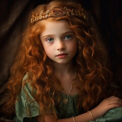 Fototapeta premium super cute little girl with long red curly hair, green eyes, innocent, green medieval clothes, princess, gold diadem