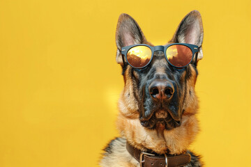 Cool German Shepherd Dog Wearing Sunglasses on Yellow background copy space , shiny black goggles, cool face, lemon wearing sunglasses, in front of an Yellow  background





