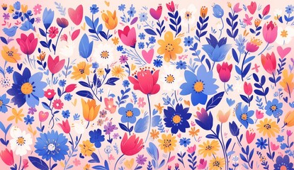 Vibrant and colorful abstract floral pattern with bold shapes, including flowers, leaves, vines and hearts