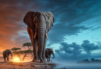 Elefanti in tutta la loro bellezza al tramonto, concetto di locandina per un film
