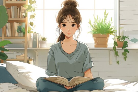 自宅のベッドで本を読んでいる若い女性