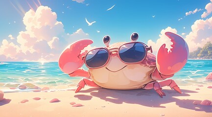 cute cartoon crab wearing sunglasses on pastel background