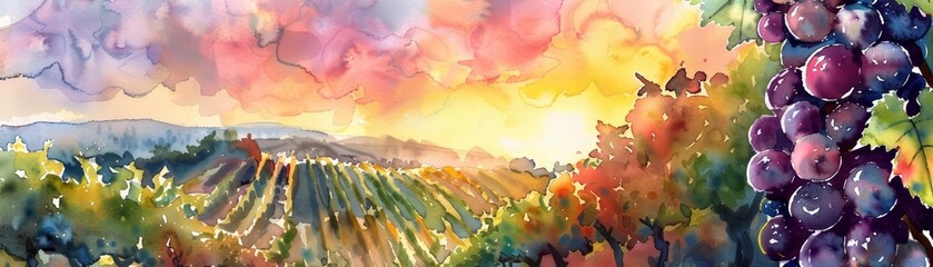 Creative watercolor of a vineyard at sunset, symbolizing the wine industry in vintage styles, Simple detail clipart cute watercolor on white background