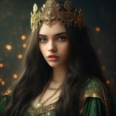Fototapeta premium young girl, long straight black hair, green eyes, full face, full lips, big eyes, thin, gold diadem, green medieval clothes