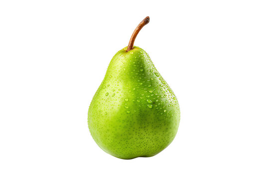 A green pear with water drops isolated on a black background.