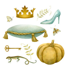 Set of fairytale items: pumpkin, glass slipper, lizard, crown, pillow, golden key and others. All elements are hand drawn in watercolor and isolated on a white background.