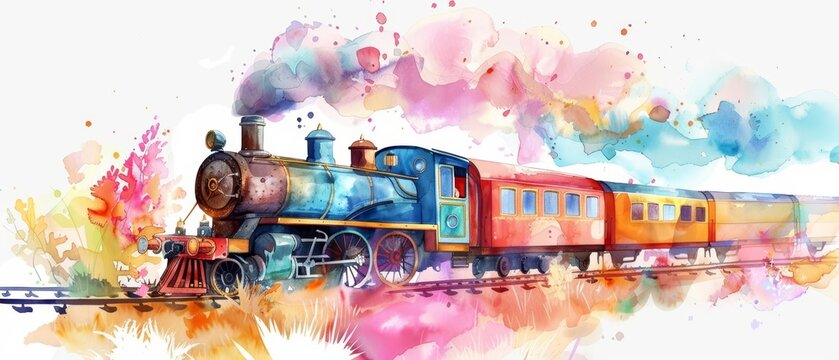 Creative watercolor of transport depicting an oldfashioned train in vintage styles, clipart kawaii watercolor on white background