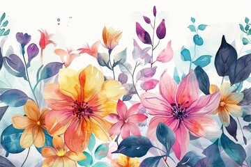 Creative watercolor of vibrant flowers blooming in spring, captured in vintage styles, clipart kawaii watercolor on white background