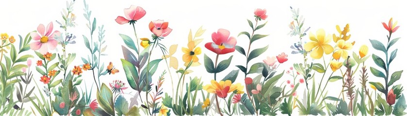 Obraz premium Cute water color of a blooming garden full of diverse plants and flowers in kawaii styles, clipart watercolor on white background