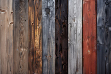 Variously stained wooden planks aligned vertically, showcasing rich textures and vibrant colors.