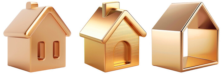 Obraz premium Set of house icon 3d, gold material, isolated on transparent background