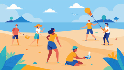 After a successful beach cleanup volunteers unwind and have fun by playing a spirited game of badminton on the freshlycleaned shore.. Vector illustration