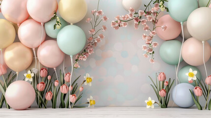 A wall filled with balloons in soft pastel shades, intertwined with realistic spring flowers such as tulips and daffodils, against a white floor