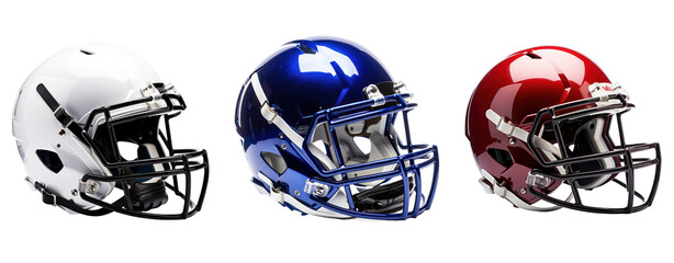 Fototapeta premium Three football helmets in a row. The first one is white, the second is blue, and the third is red.