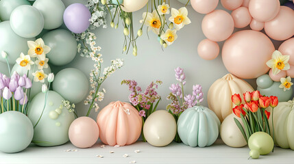 A wall filled with balloons in soft pastel shades, intertwined with realistic spring flowers such as tulips and daffodils, against a white floor,
