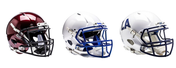 Three football helmets in a row. The first is maroon, the second is white and blue, and the third is white and red.