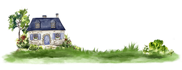Watercolor banner rural cottage house among green trees hand painted illustration. Summer village...