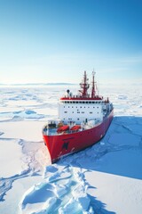 Icebreaker goes on the sea among the blue ice at sunset, aerial view.