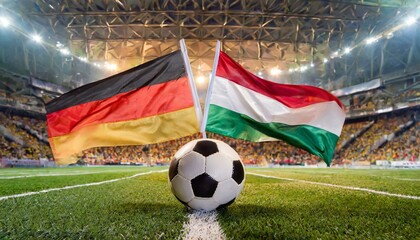 Fototapeta premium German flag Hungary flag with football in a stadium for the European Championship