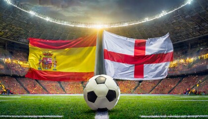 Spain flag england flag with football in a stadium for the European Championship - obrazy, fototapety, plakaty