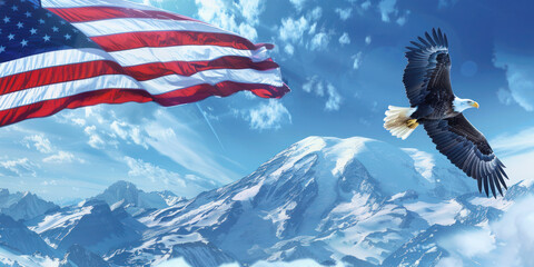 Majestic Eagle and American Flag over Snowy Mountains. A powerful Bald Eagle flies in front of a large American flag waving over a stunning snowy mountain landscape, symbolizing freedom and patriotism - obrazy, fototapety, plakaty