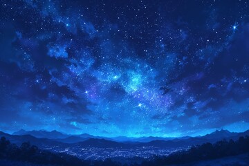 Starry sky over mountains, in the anime style, at night time