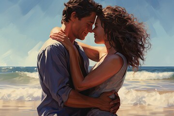 Close-up picture of a young loving couple embracing on the beach.