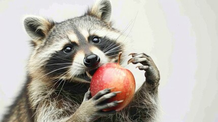Obraz premium A raccoon holds a red apple and holds it in its open mouth on white background. generative ai