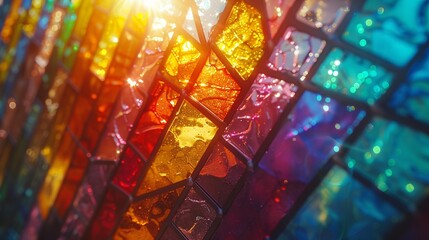 A beam of light shines through a stained glass window, illuminating a collection of rainbowcolored glass shards with a soft, warm glow 8K , high-resolution, ultra HD,up32K HD