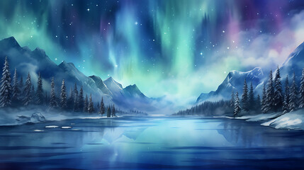 Generate a watercolor background depicting a frozen lake under the northern lights