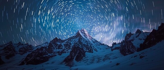 Fototapeta premium High above the world, star trails form a mesmerizing backdrop to a mountain peak, standing silent witness to the passage of time 8K , high-resolution, ultra HD,up32K HD