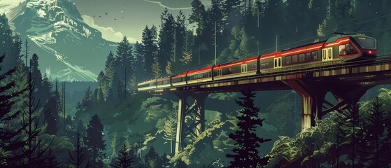 Look strange of transport where magnetic levitation trains glide silently through forest canopies, illustrated in a minimal style, sharpen Cinematic Look for a sleek presentation