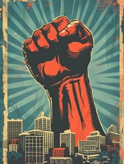Powerful Fist Symbolizing Sociopolitical Rebellion and Activism in the Urban Landscape - obrazy, fototapety, plakaty