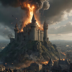 a castle on a hill with a lot of smoke coming out of it