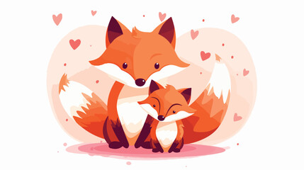 Adorable foxes mother and child standing surrounded