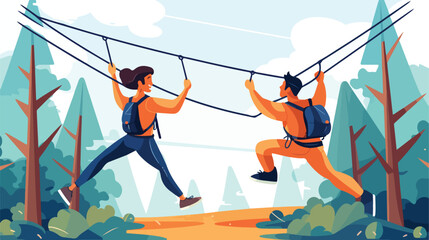 Adventure rope park with zip line in flat vector il